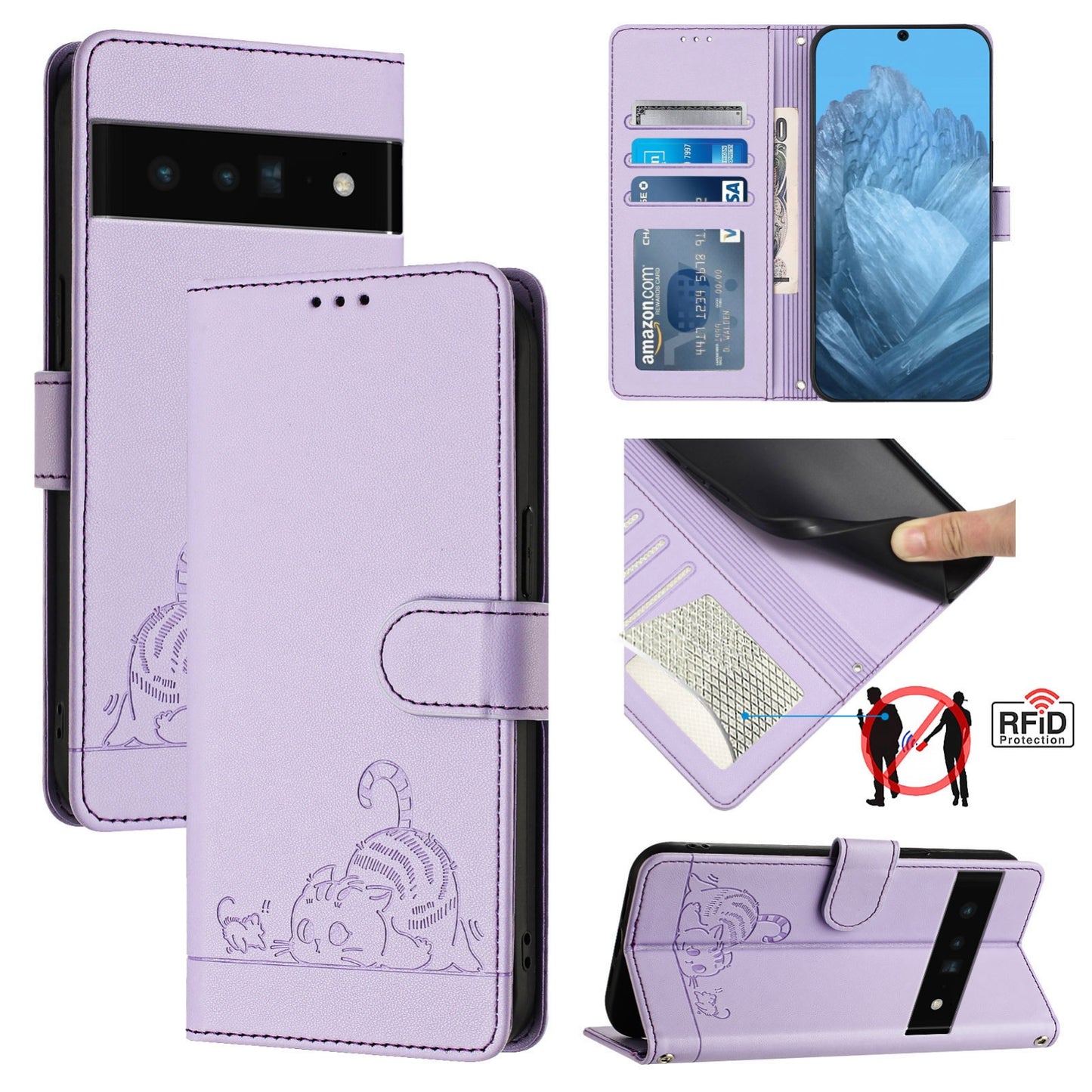 Google Pixel 6 Pro Leather Phone Case with Cat and Rat Embossed Pattern, RFID Protection, Card Holder Slots, Anti-fall Feature & Lanyard