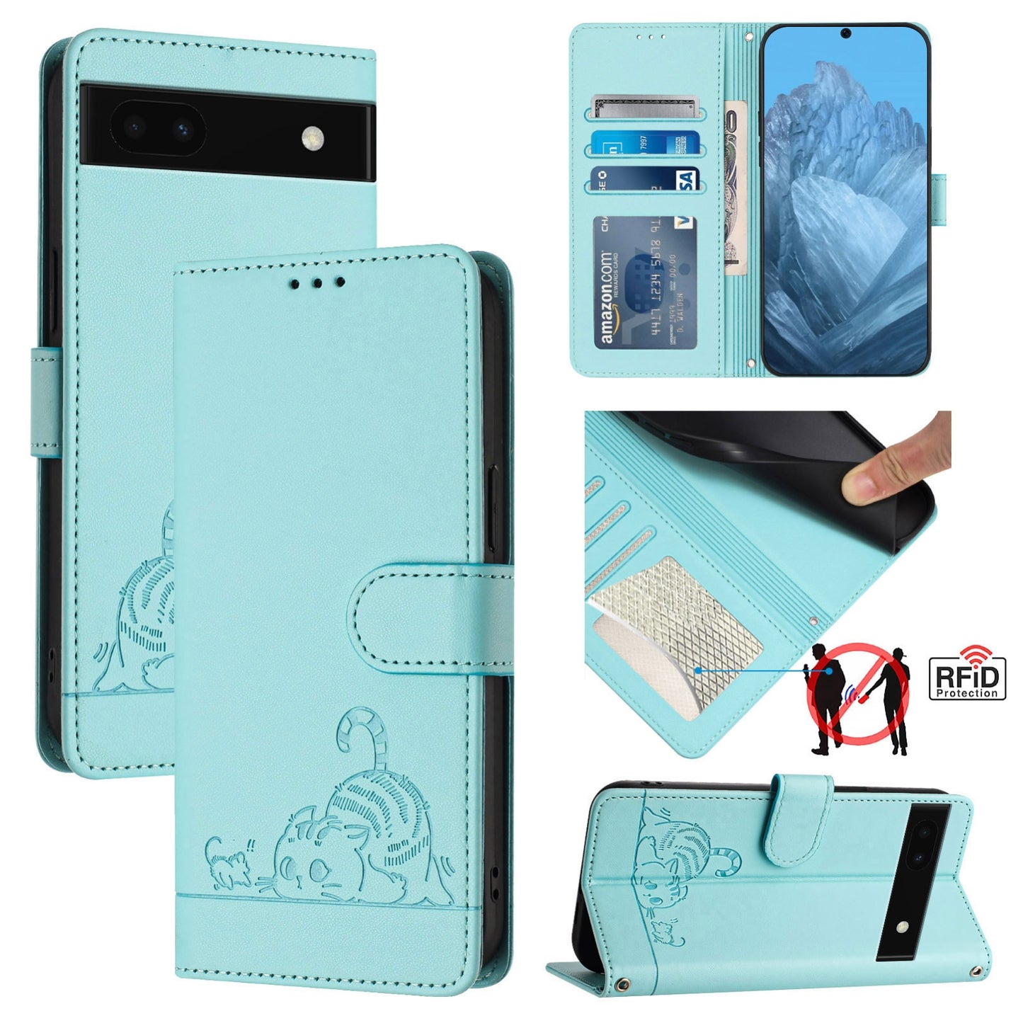 Google Pixel 6A Leather Phone Case with Cat and Rat Embossed Pattern, RFID Protection, Card Holder Slots, Anti-fall Feature & Lanyard