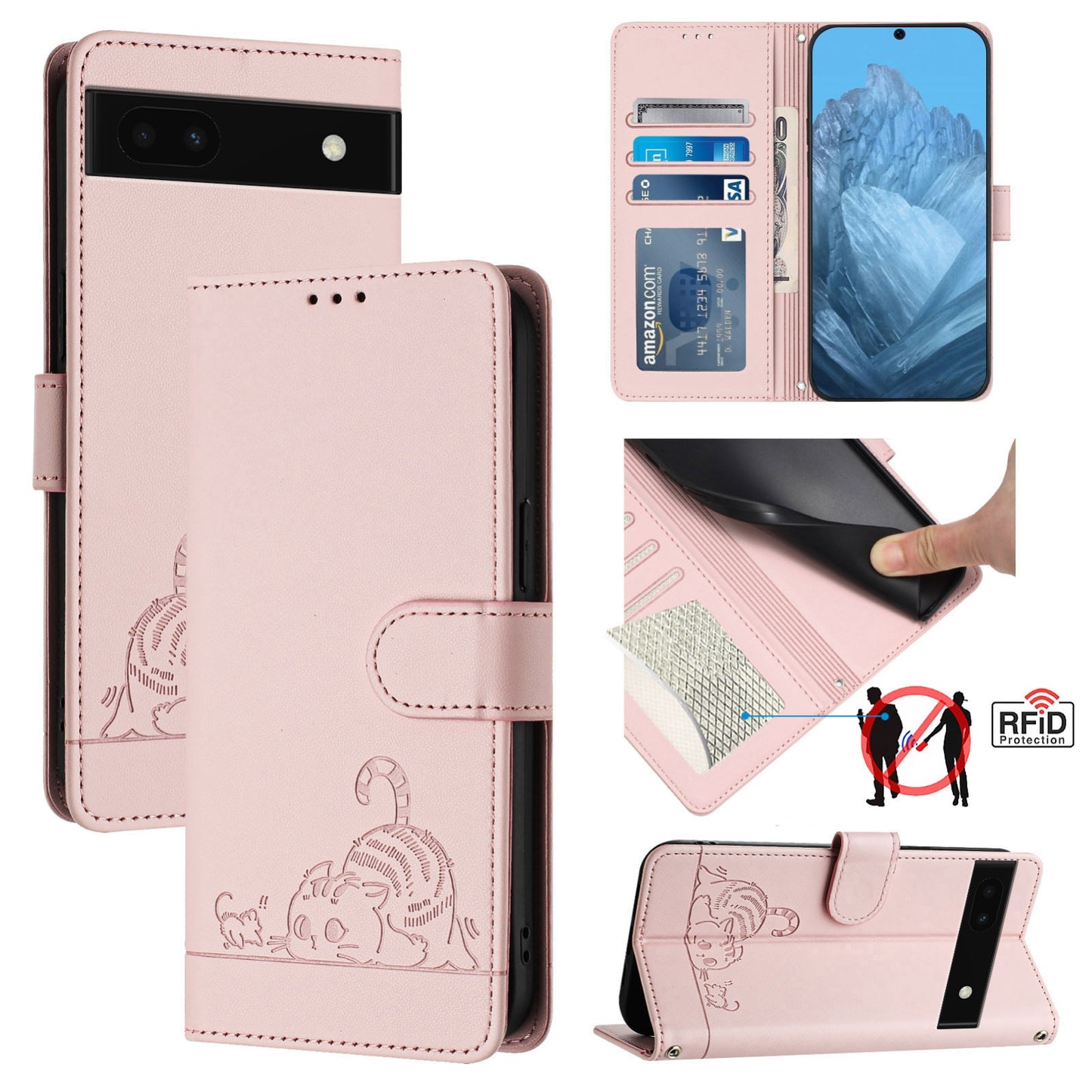 Google Pixel 6A Leather Phone Case with Cat and Rat Embossed Pattern, RFID Protection, Card Holder Slots, Anti-fall Feature & Lanyard