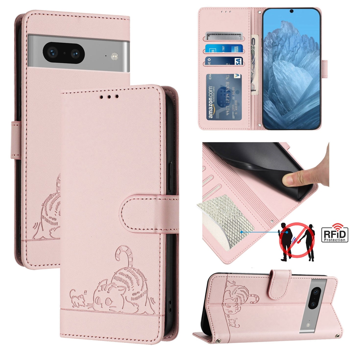 Google Pixel 7 5G Leather Phone Case with Cat and Rat Embossed Pattern, RFID Protection, Card Holder Slots, Anti-fall Feature & Lanyard