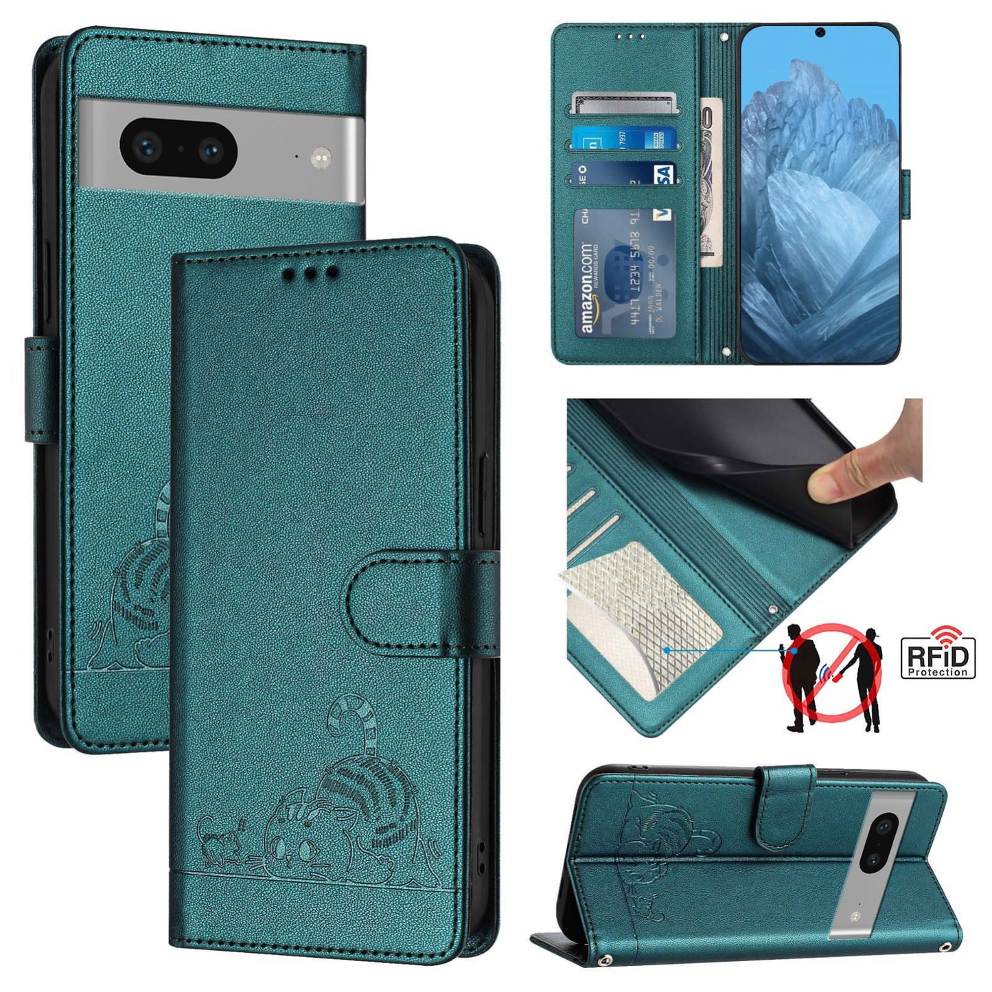 Google Pixel 7 5G Leather Phone Case with Cat and Rat Embossed Pattern, RFID Protection, Card Holder Slots, Anti-fall Feature & Lanyard