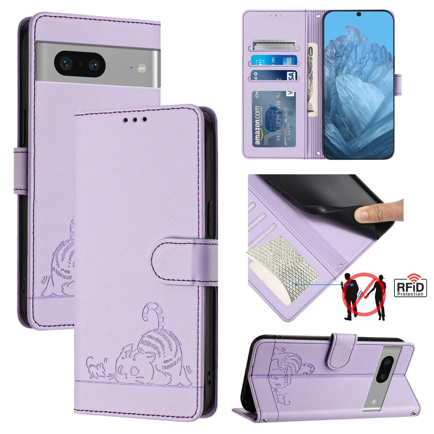 Google Pixel 7 5G Leather Phone Case with Cat and Rat Embossed Pattern, RFID Protection, Card Holder Slots, Anti-fall Feature & Lanyard