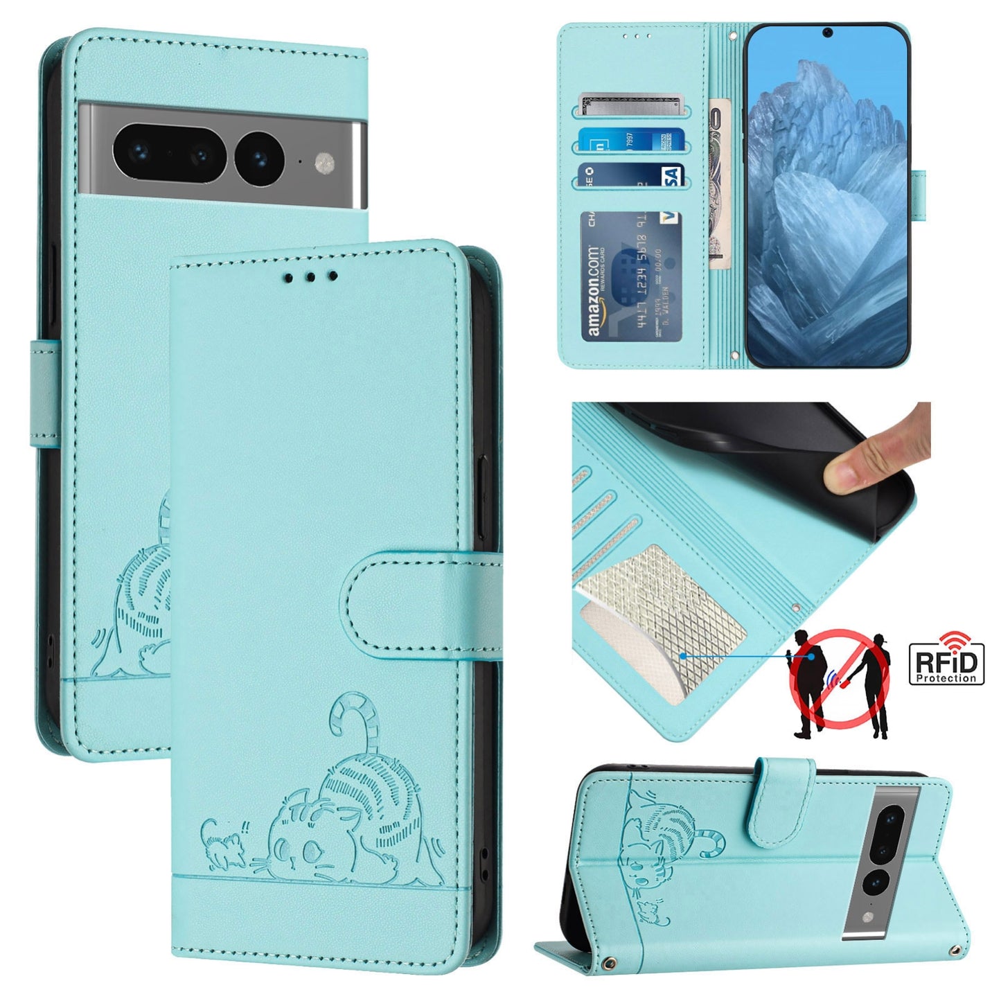 Google Pixel 7 Pro 5G Leather Phone Case with Cat and Rat Embossed Pattern, RFID Protection, Card Holder Slots, Anti-fall Feature & Lanyard