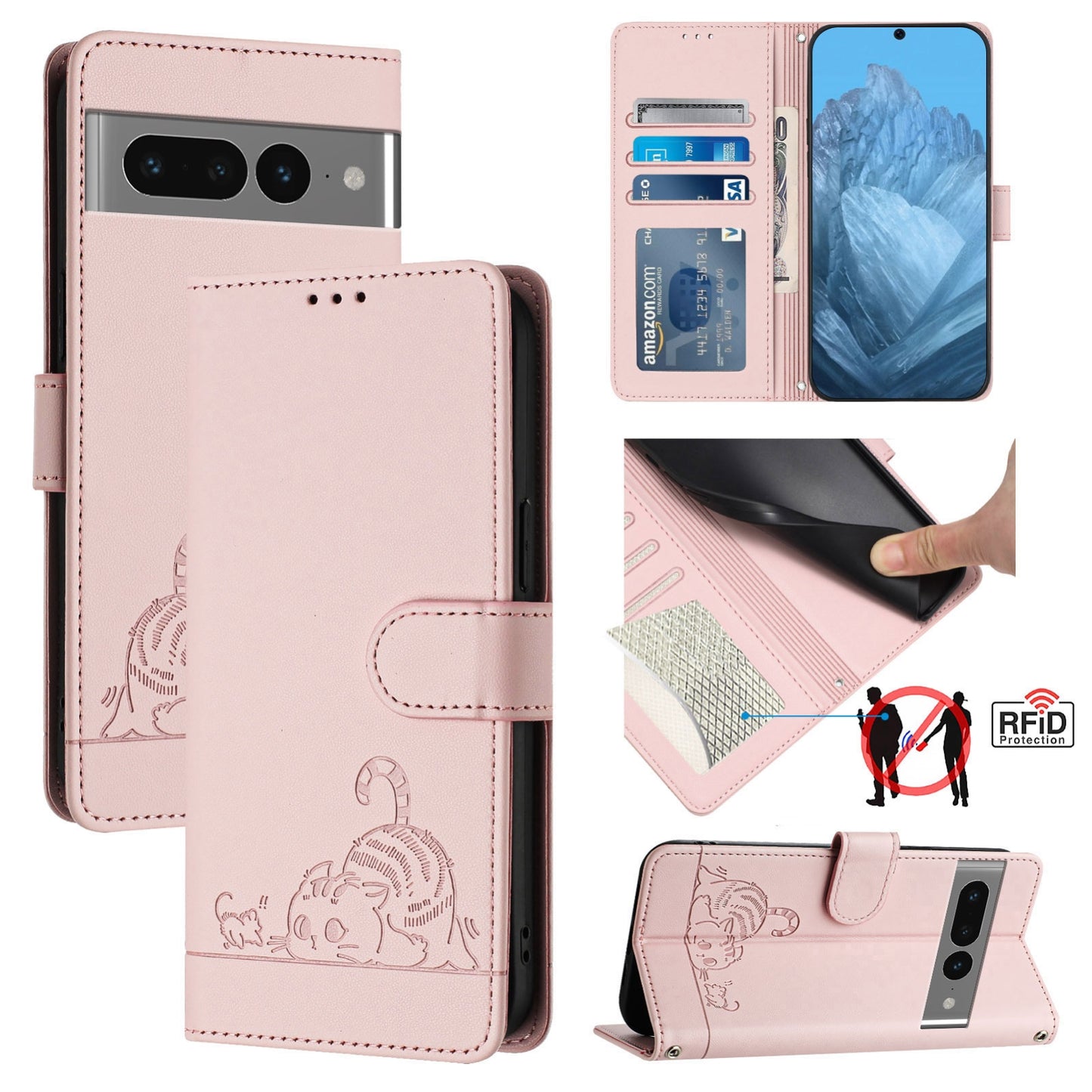 Google Pixel 7 Pro 5G Leather Phone Case with Cat and Rat Embossed Pattern, RFID Protection, Card Holder Slots, Anti-fall Feature & Lanyard