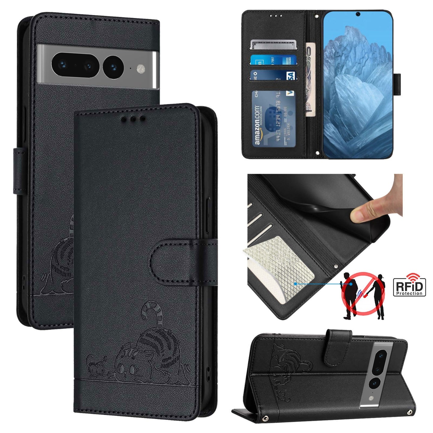 Google Pixel 7 Pro 5G Leather Phone Case with Cat and Rat Embossed Pattern, RFID Protection, Card Holder Slots, Anti-fall Feature & Lanyard