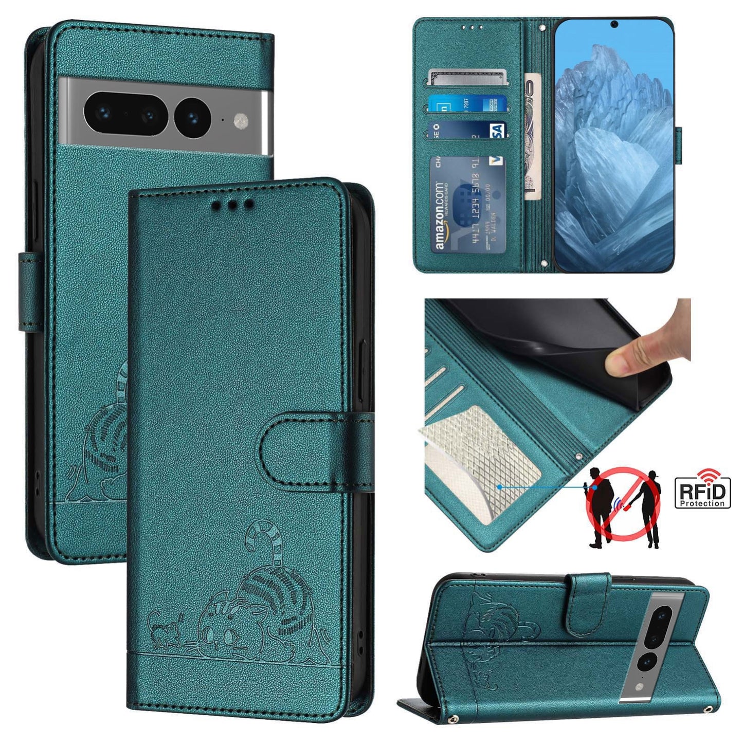 Google Pixel 7 Pro 5G Leather Phone Case with Cat and Rat Embossed Pattern, RFID Protection, Card Holder Slots, Anti-fall Feature & Lanyard