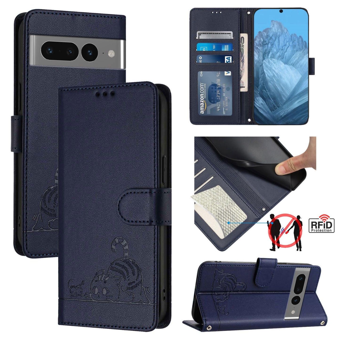 Google Pixel 7 Pro 5G Leather Phone Case with Cat and Rat Embossed Pattern, RFID Protection, Card Holder Slots, Anti-fall Feature & Lanyard