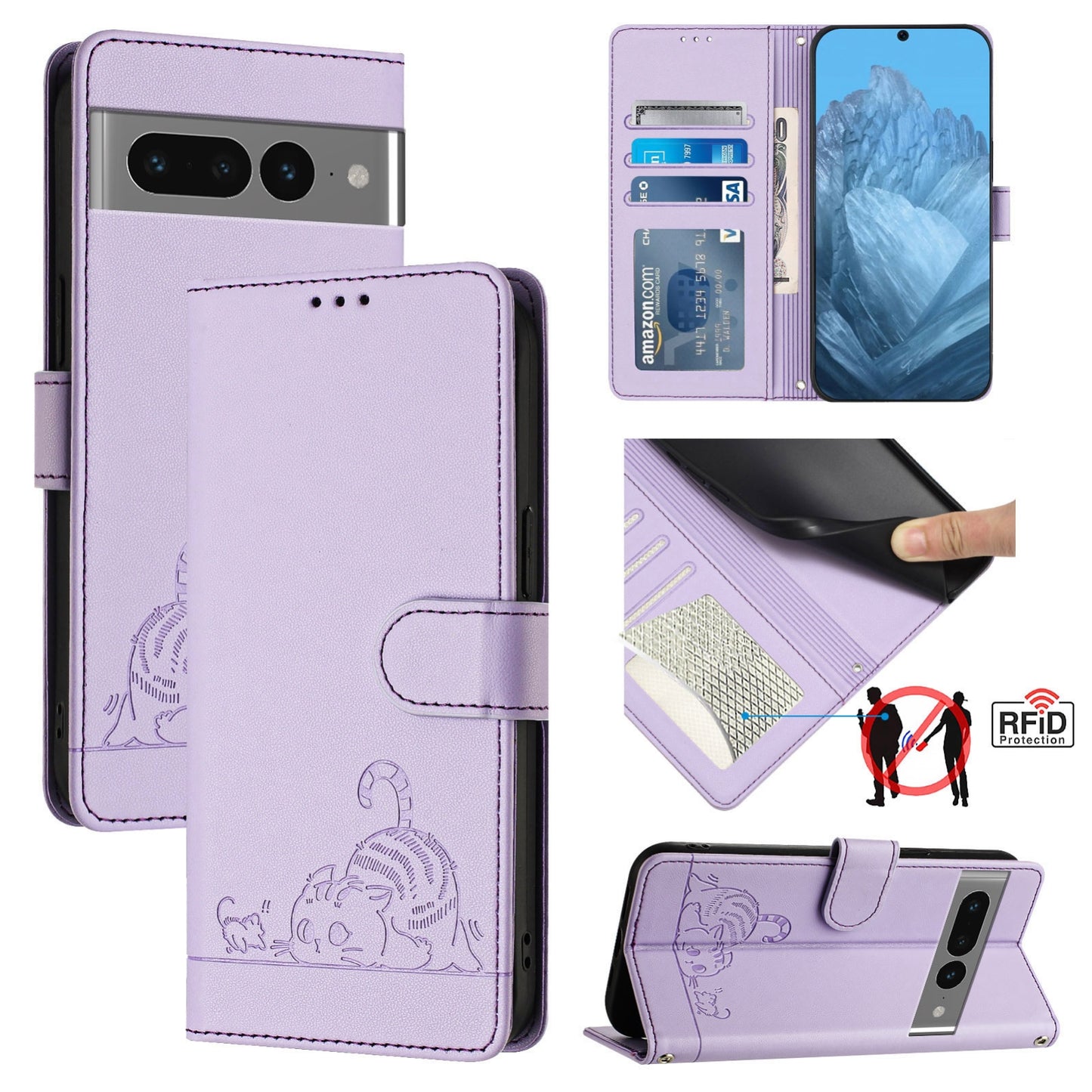 Google Pixel 7 Pro 5G Leather Phone Case with Cat and Rat Embossed Pattern, RFID Protection, Card Holder Slots, Anti-fall Feature & Lanyard
