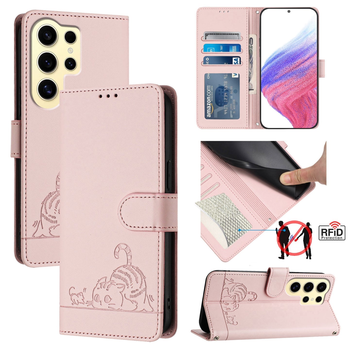 Samsung Galaxy S24 Ultra 5G Leather Phone Case with Cat and Rat Embossed Pattern, RFID Protection, Card Holder Slots, Anti-fall Feature & Lanyard
