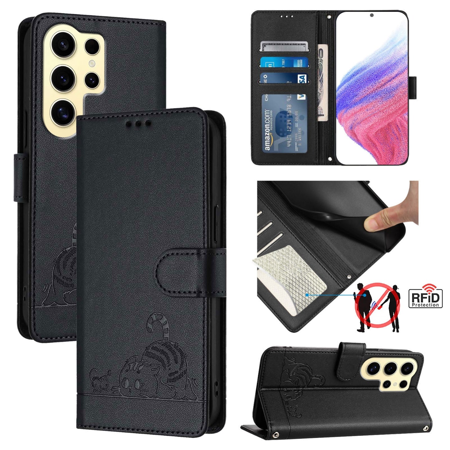 Samsung Galaxy S24 Ultra 5G Leather Phone Case with Cat and Rat Embossed Pattern, RFID Protection, Card Holder Slots, Anti-fall Feature & Lanyard