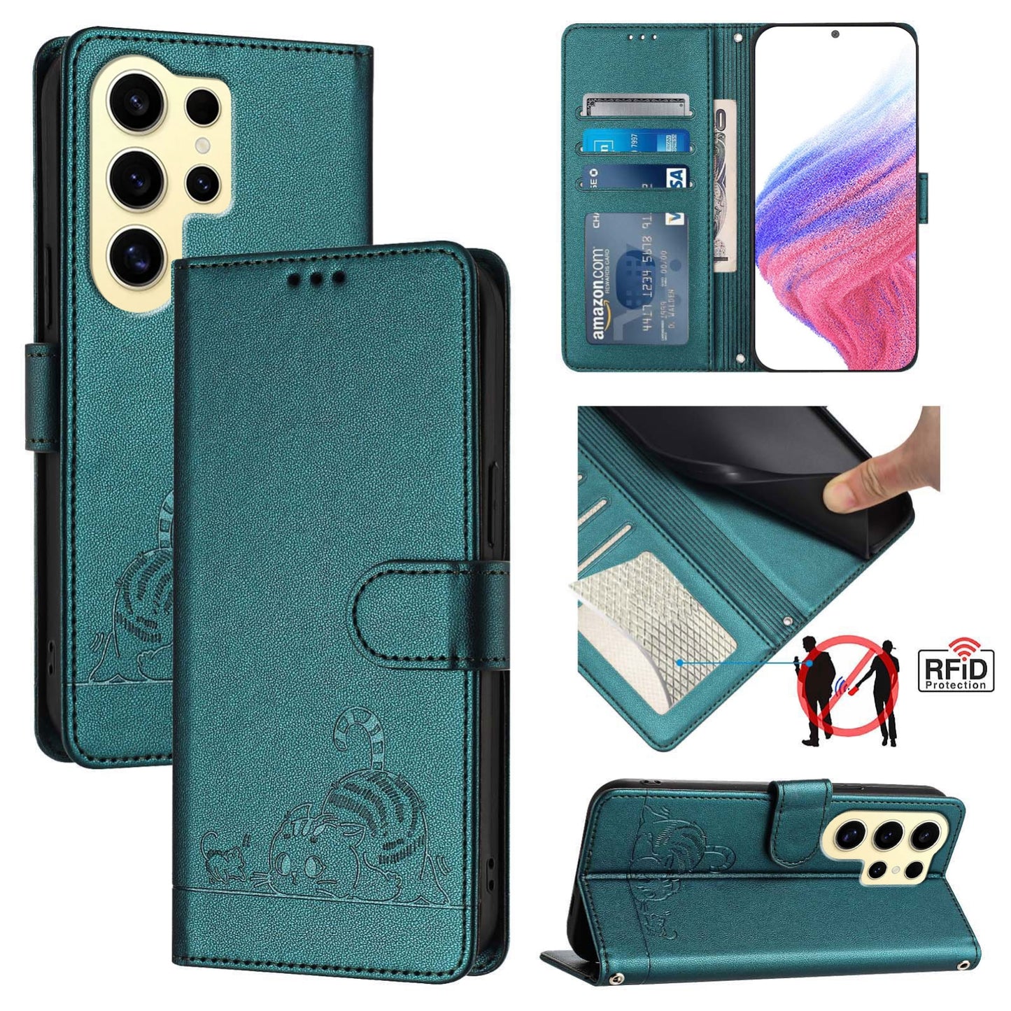 Samsung Galaxy S24 Ultra 5G Leather Phone Case with Cat and Rat Embossed Pattern, RFID Protection, Card Holder Slots, Anti-fall Feature & Lanyard