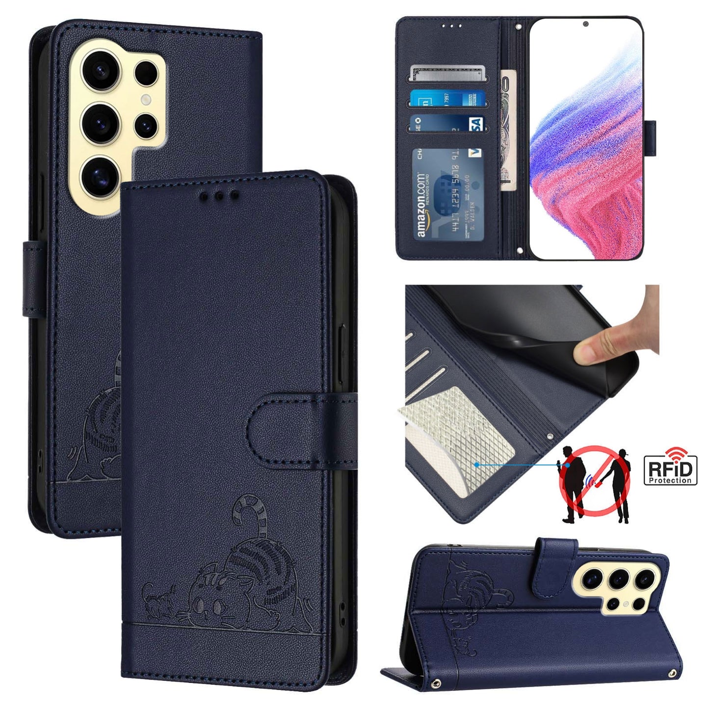Samsung Galaxy S24 Ultra 5G Leather Phone Case with Cat and Rat Embossed Pattern, RFID Protection, Card Holder Slots, Anti-fall Feature & Lanyard