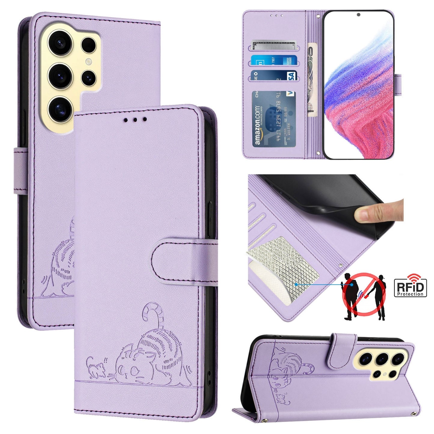 Samsung Galaxy S24 Ultra 5G Leather Phone Case with Cat and Rat Embossed Pattern, RFID Protection, Card Holder Slots, Anti-fall Feature & Lanyard