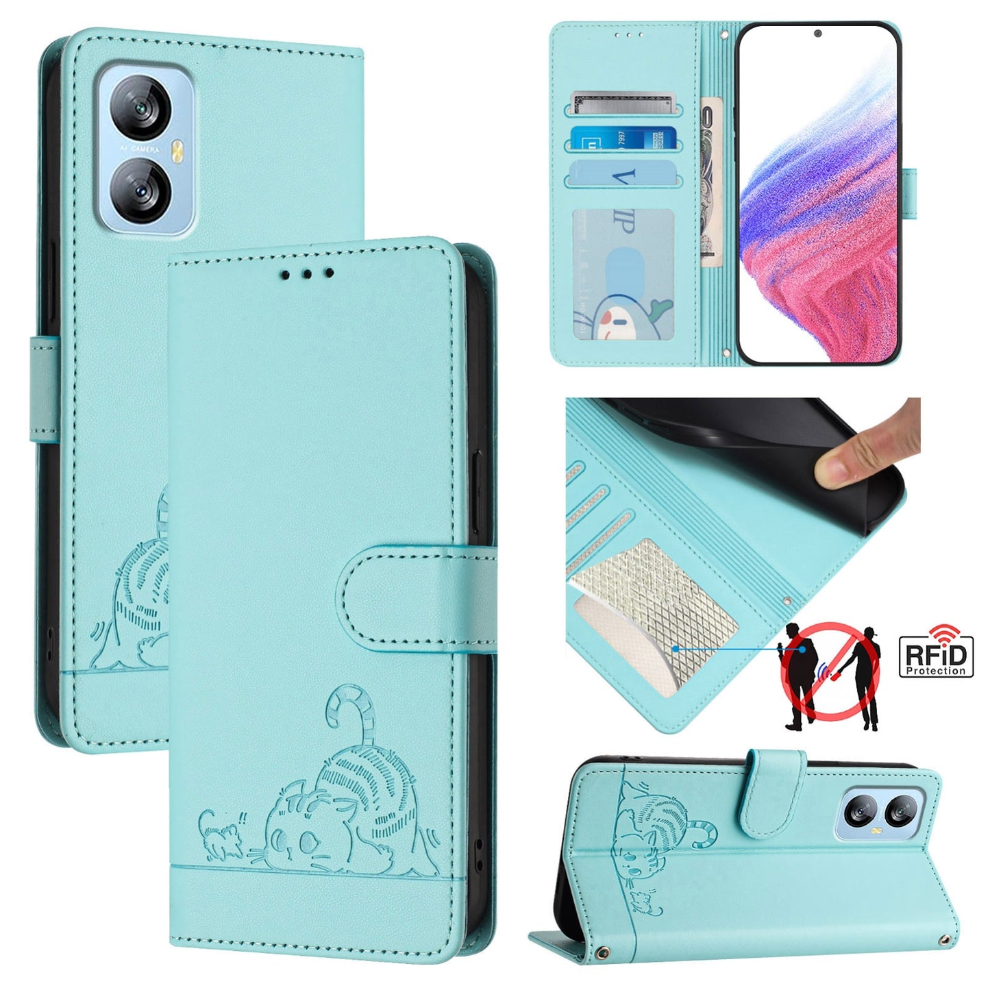 Blackview A52 Leather Phone Case with Cat and Rat Embossed Pattern, RFID Protection, Card Holder Slots, Anti-fall Feature & Lanyard