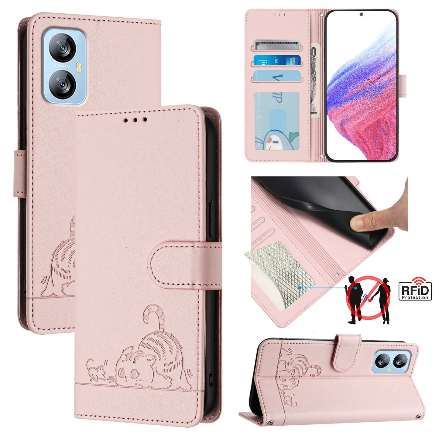 Blackview A52 Leather Phone Case with Cat and Rat Embossed Pattern, RFID Protection, Card Holder Slots, Anti-fall Feature & Lanyard