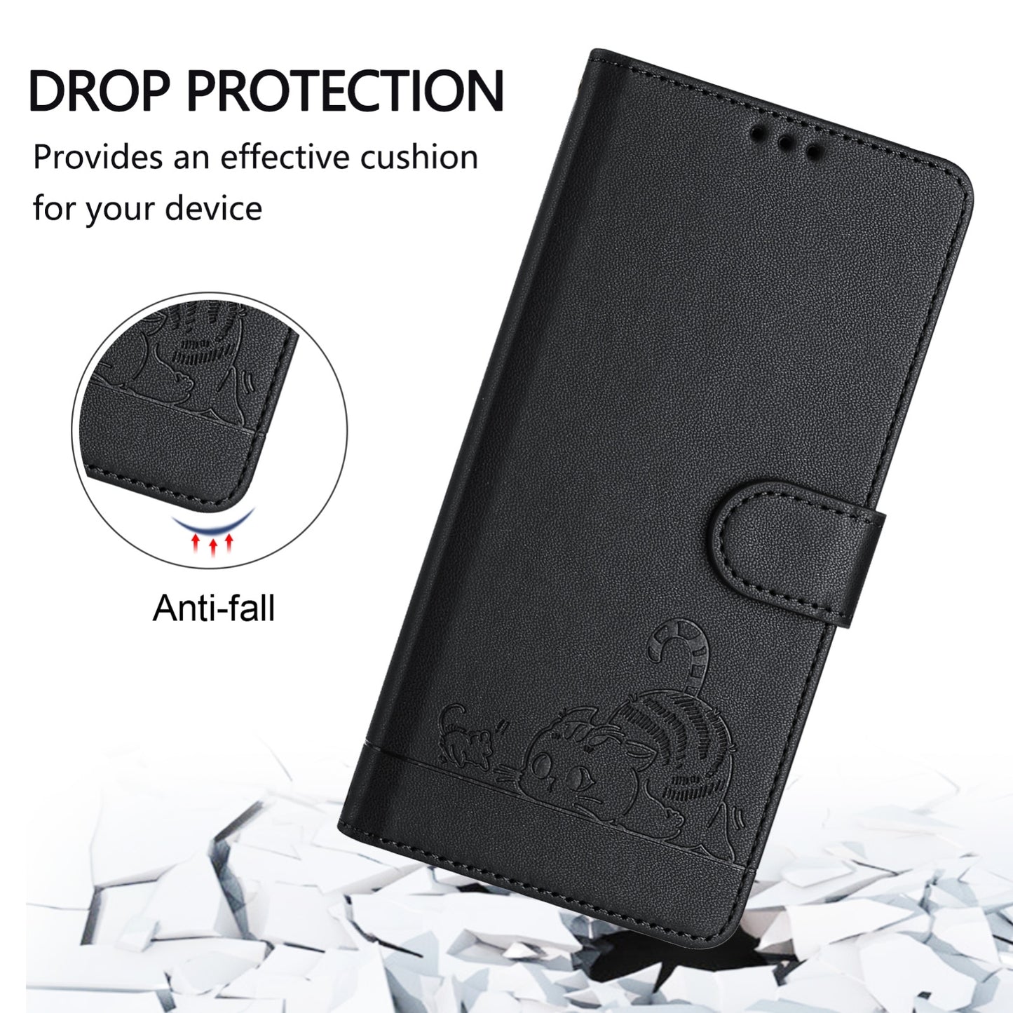 Blackview A52 Leather Phone Case with Cat and Rat Embossed Pattern, RFID Protection, Card Holder Slots, Anti-fall Feature & Lanyard
