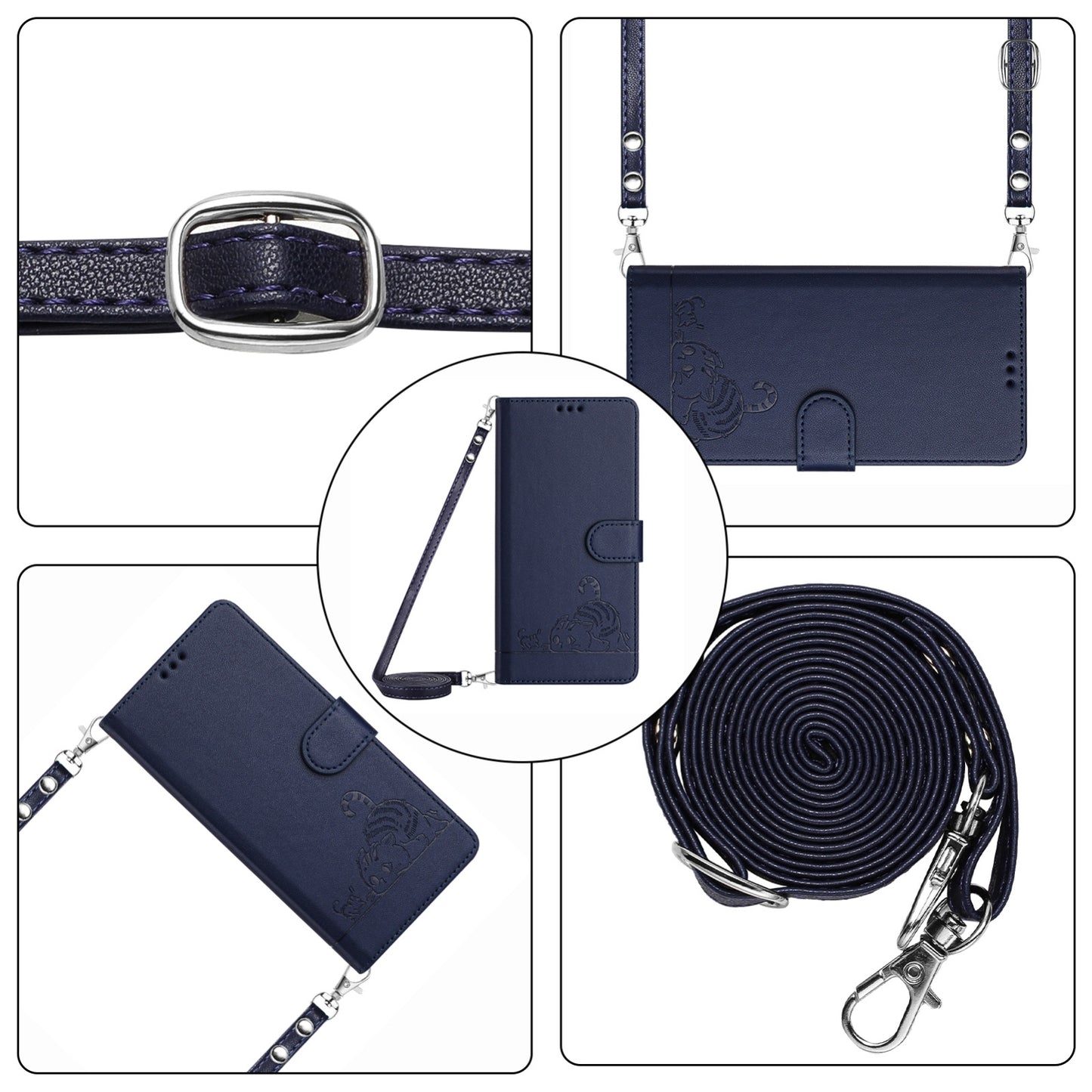 Blackview A52 Leather Phone Case with Cat and Rat Embossed Pattern, RFID Protection, Card Holder Slots, Anti-fall Feature & Lanyard