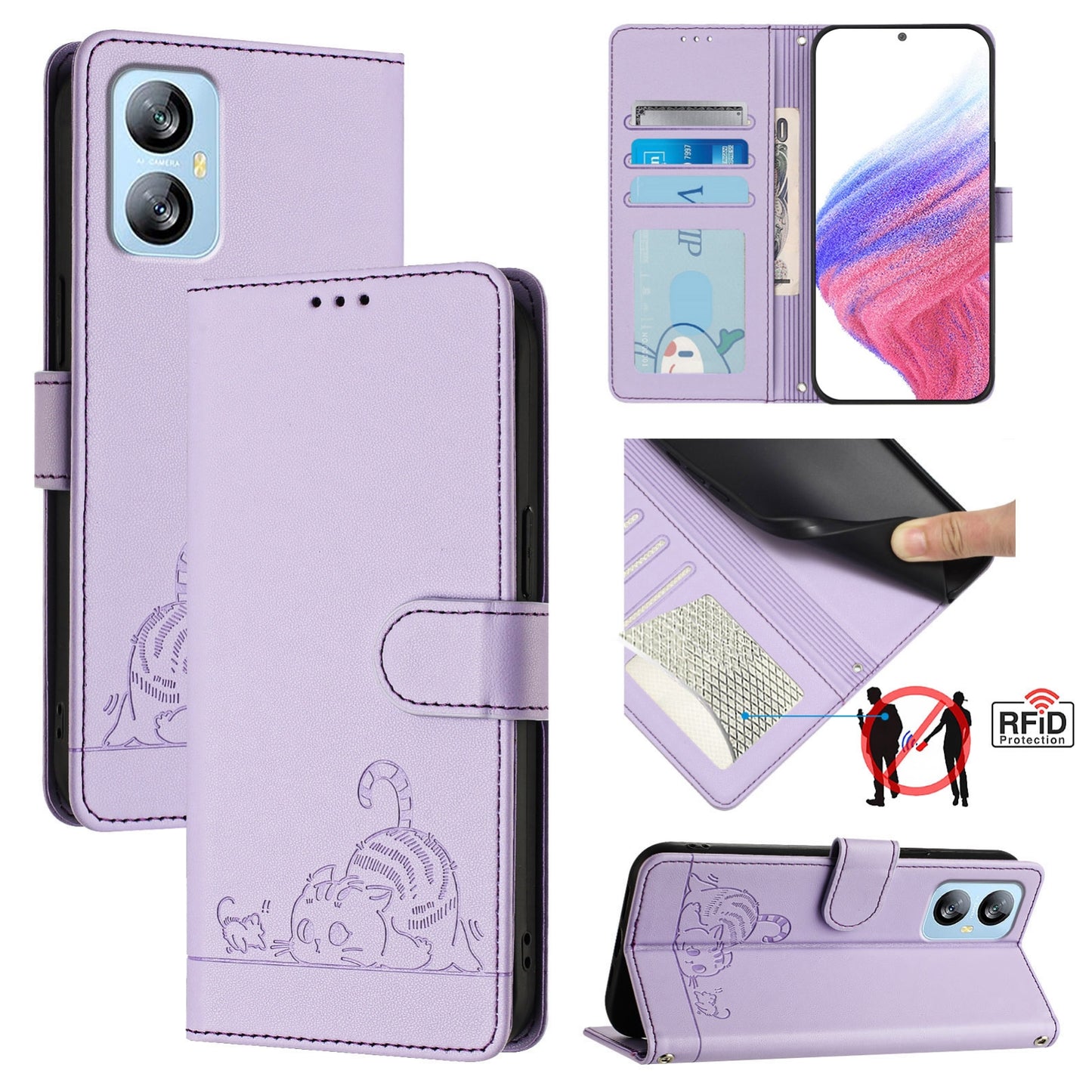 Blackview A52 Leather Phone Case with Cat and Rat Embossed Pattern, RFID Protection, Card Holder Slots, Anti-fall Feature & Lanyard