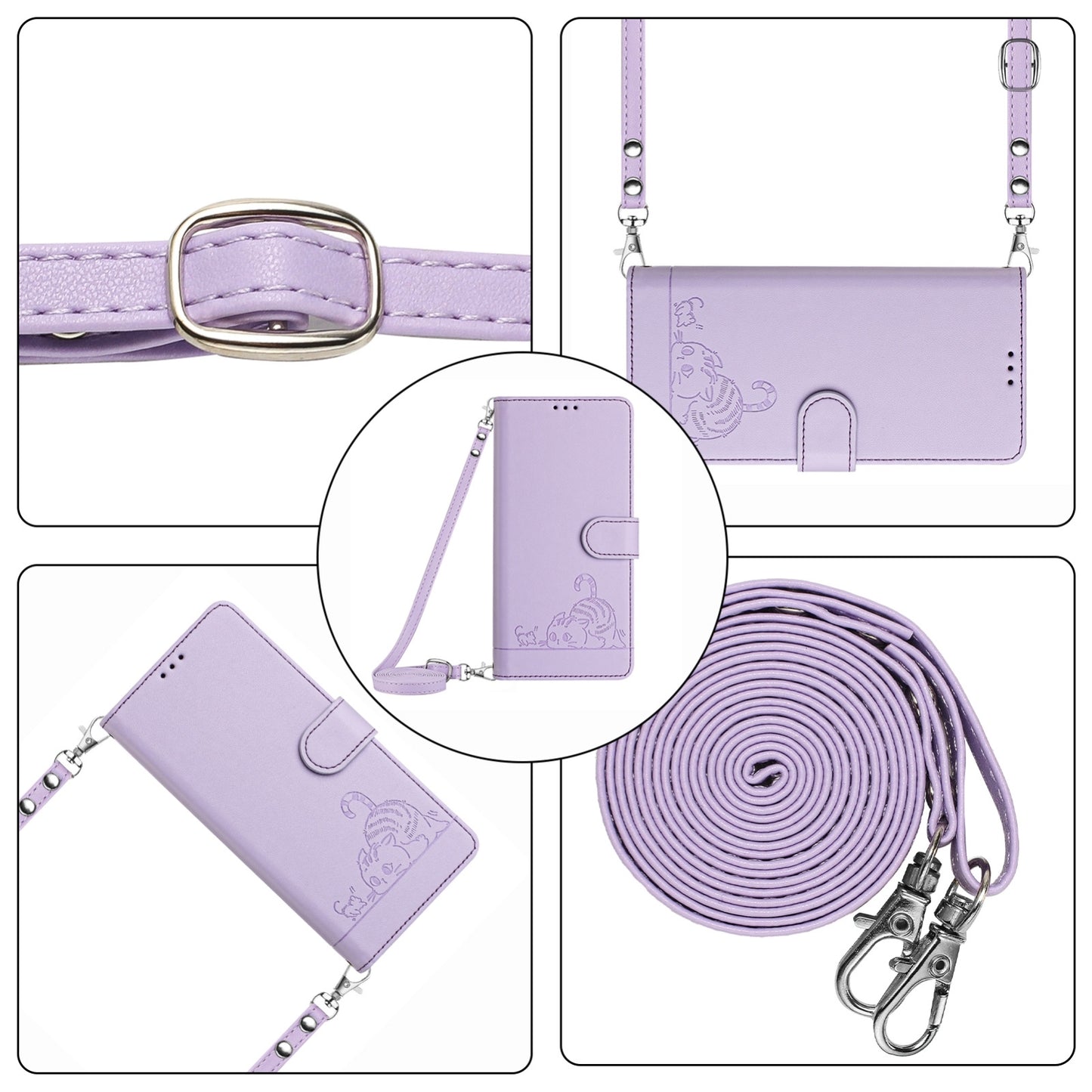 Blackview A52 Leather Phone Case with Cat and Rat Embossed Pattern, RFID Protection, Card Holder Slots, Anti-fall Feature & Lanyard