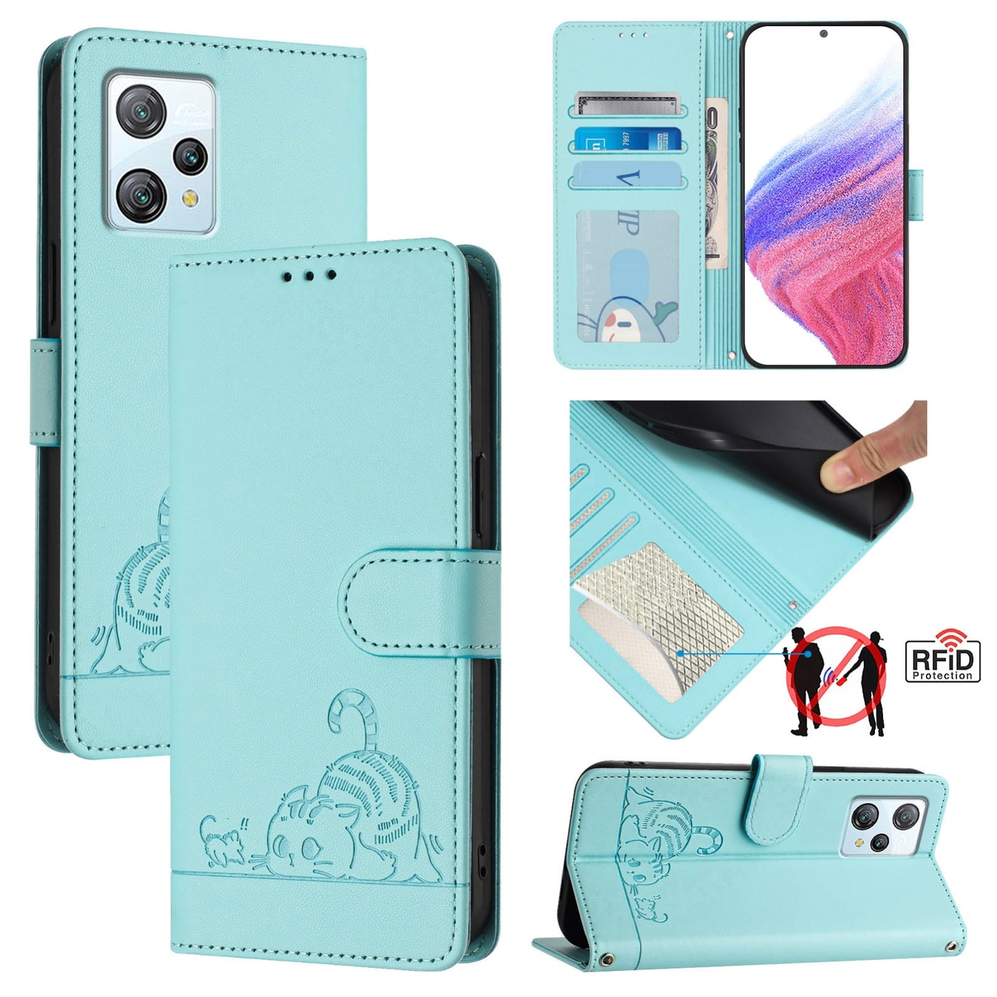 Blackview A53 Leather Phone Case with Cat and Rat Embossed Pattern, RFID Protection, Card Holder Slots, Anti-fall Feature & Lanyard
