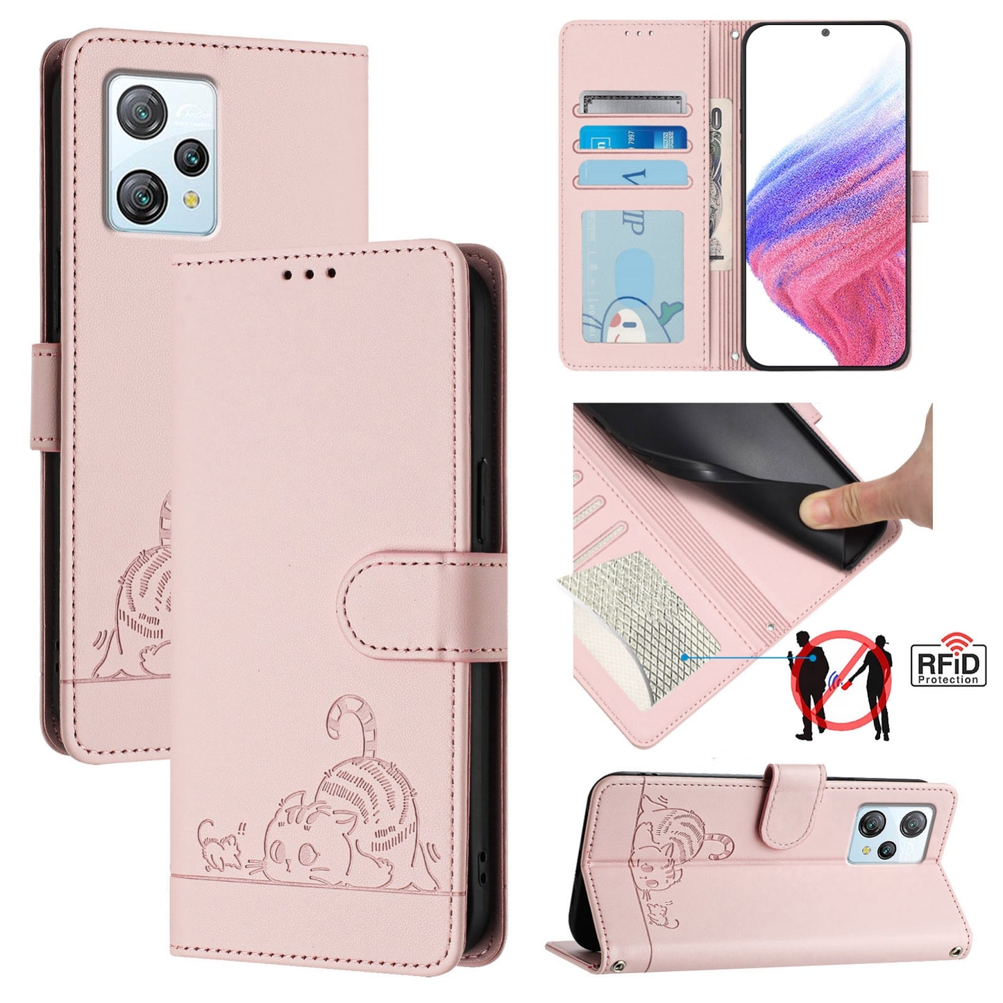Blackview A53 Leather Phone Case with Cat and Rat Embossed Pattern, RFID Protection, Card Holder Slots, Anti-fall Feature & Lanyard