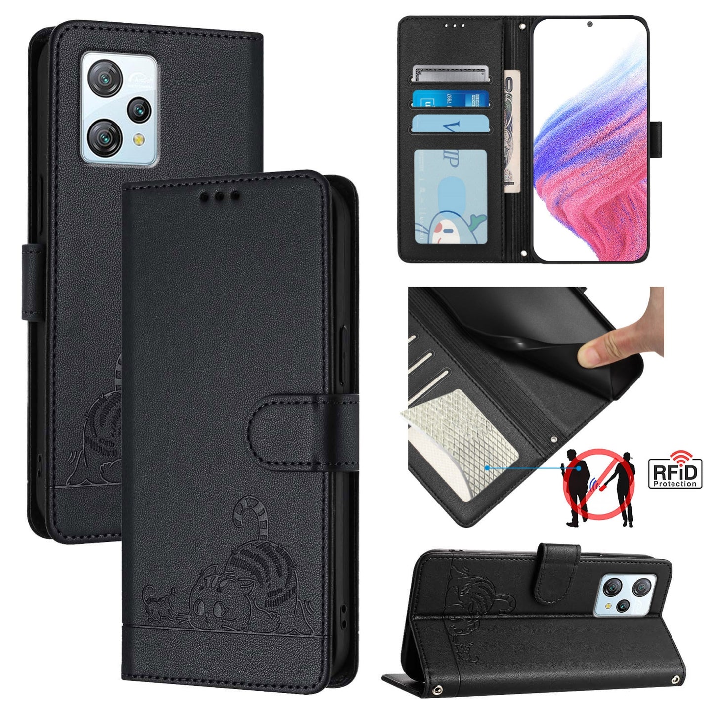 Blackview A53 Leather Phone Case with Cat and Rat Embossed Pattern, RFID Protection, Card Holder Slots, Anti-fall Feature & Lanyard