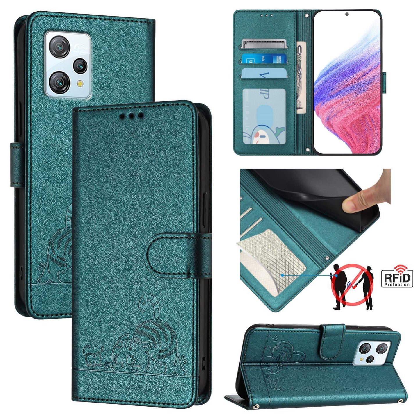 Blackview A53 Leather Phone Case with Cat and Rat Embossed Pattern, RFID Protection, Card Holder Slots, Anti-fall Feature & Lanyard