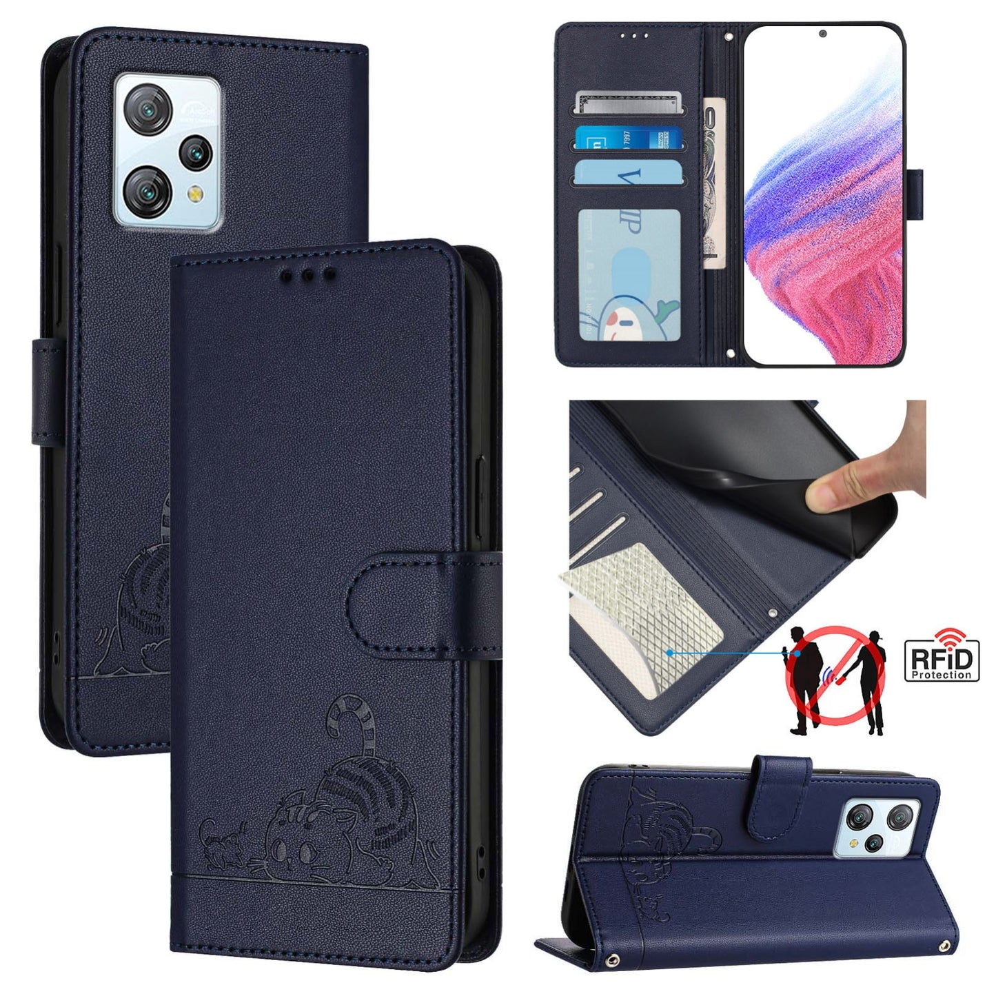 Blackview A53 Leather Phone Case with Cat and Rat Embossed Pattern, RFID Protection, Card Holder Slots, Anti-fall Feature & Lanyard