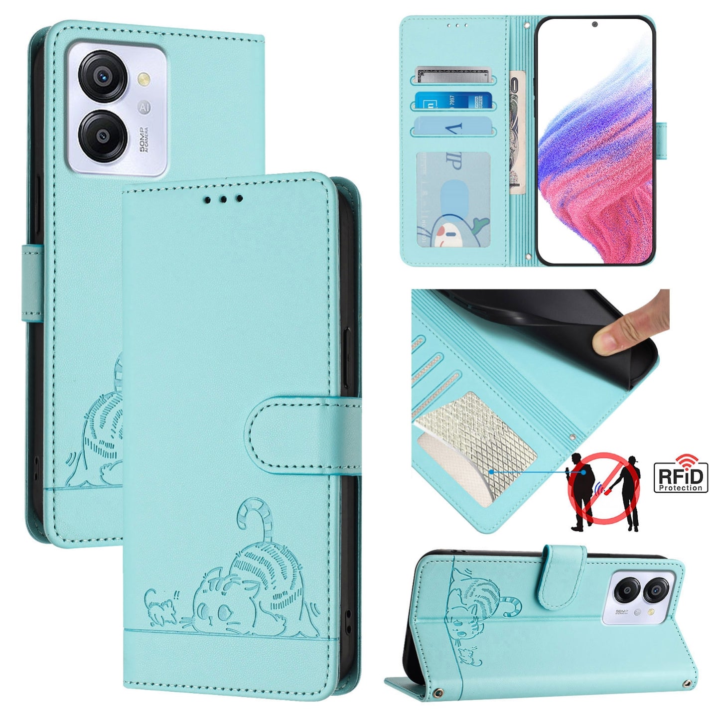 Blackview Color 8 Leather Phone Case with Cat and Rat Embossed Pattern, RFID Protection, Card Holder Slots, Anti-fall Feature & Lanyard