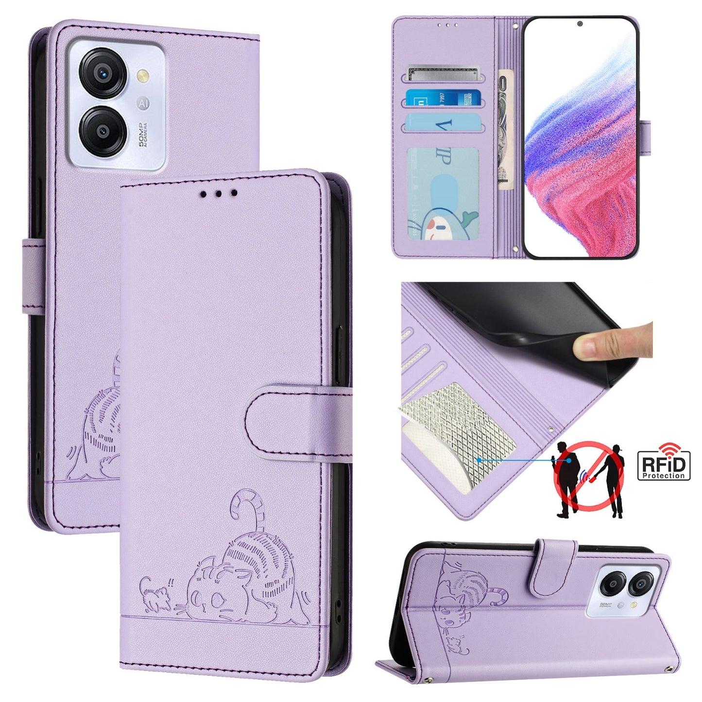 Blackview Color 8 Leather Phone Case with Cat and Rat Embossed Pattern, RFID Protection, Card Holder Slots, Anti-fall Feature & Lanyard