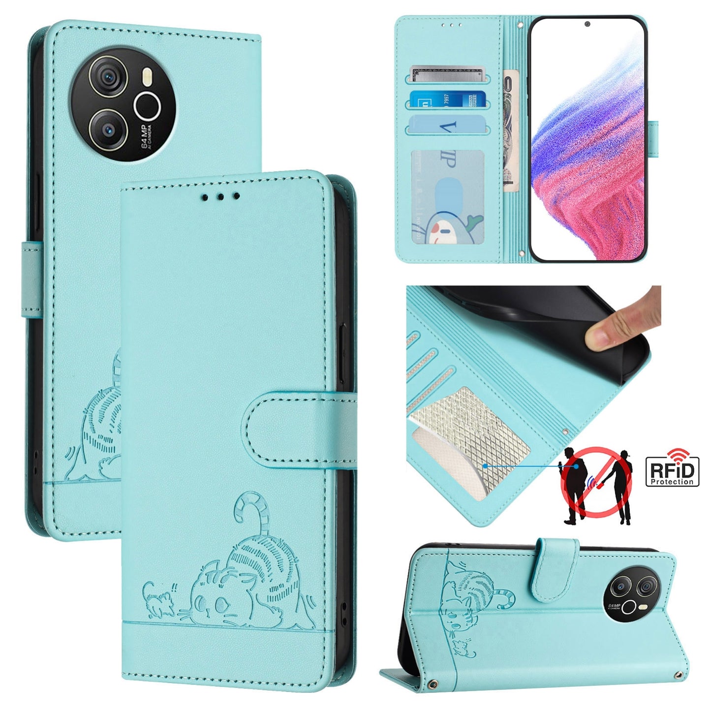 Blackview Shark 8 Leather Phone Case with Cat and Rat Embossed Pattern, RFID Protection, Card Holder Slots, Anti-fall Feature & Lanyard
