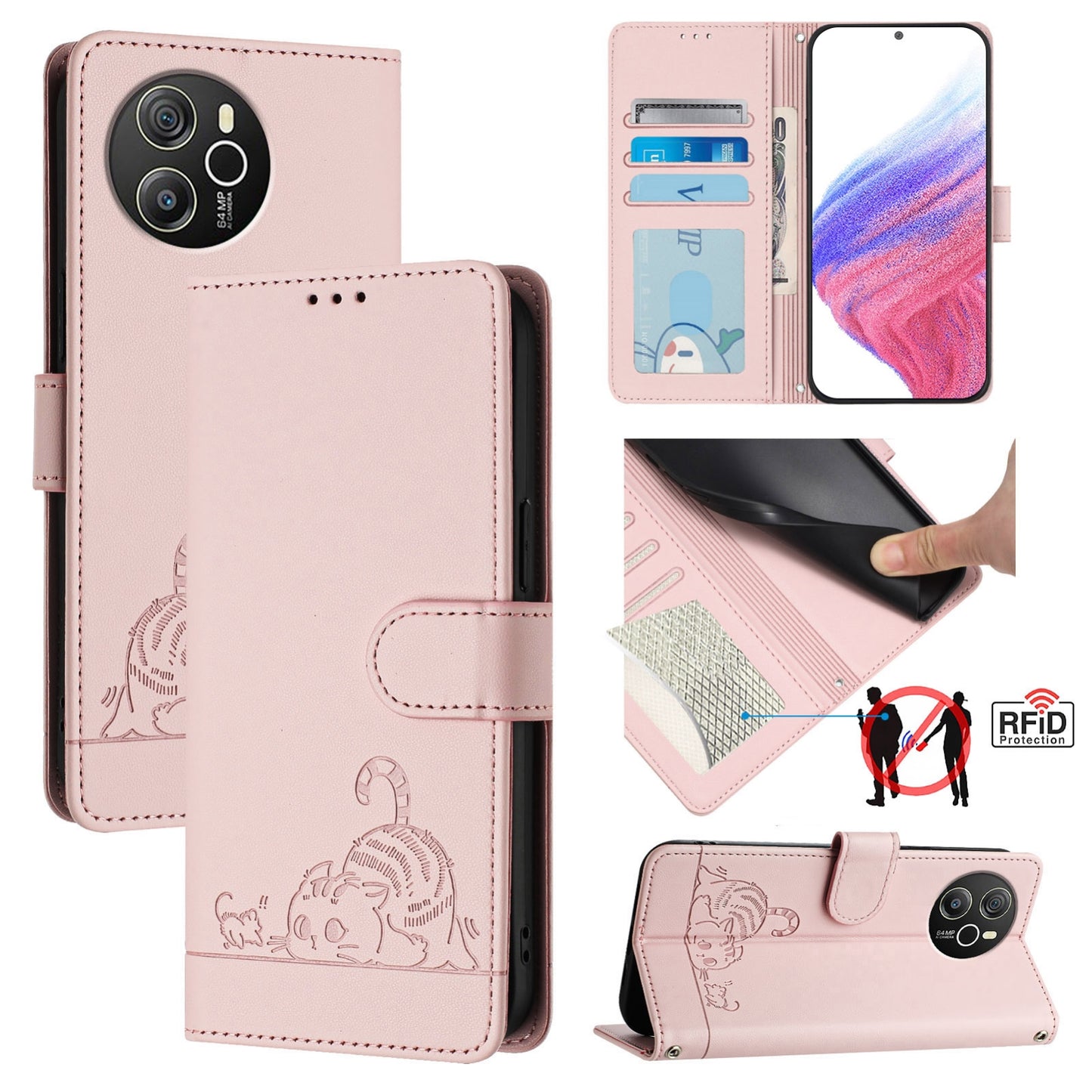 Blackview Shark 8 Leather Phone Case with Cat and Rat Embossed Pattern, RFID Protection, Card Holder Slots, Anti-fall Feature & Lanyard