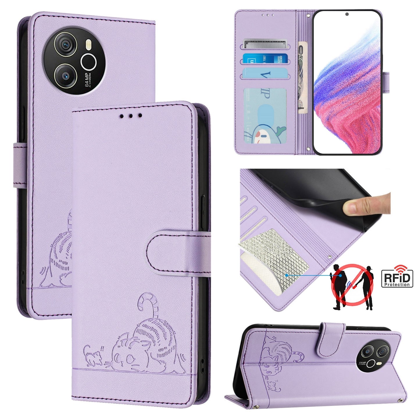 Blackview Shark 8 Leather Phone Case with Cat and Rat Embossed Pattern, RFID Protection, Card Holder Slots, Anti-fall Feature & Lanyard
