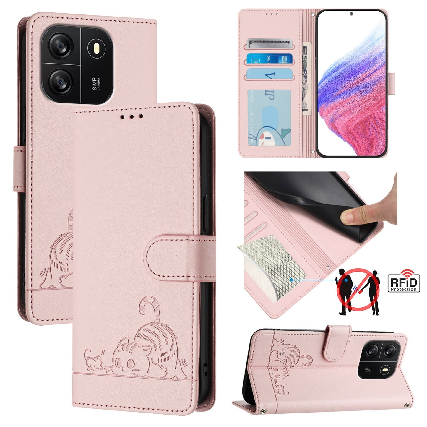 Blackview Wave 6C Leather Phone Case with Cat and Rat Embossed Pattern, RFID Protection, Card Holder Slots, Anti-fall Feature & Lanyard