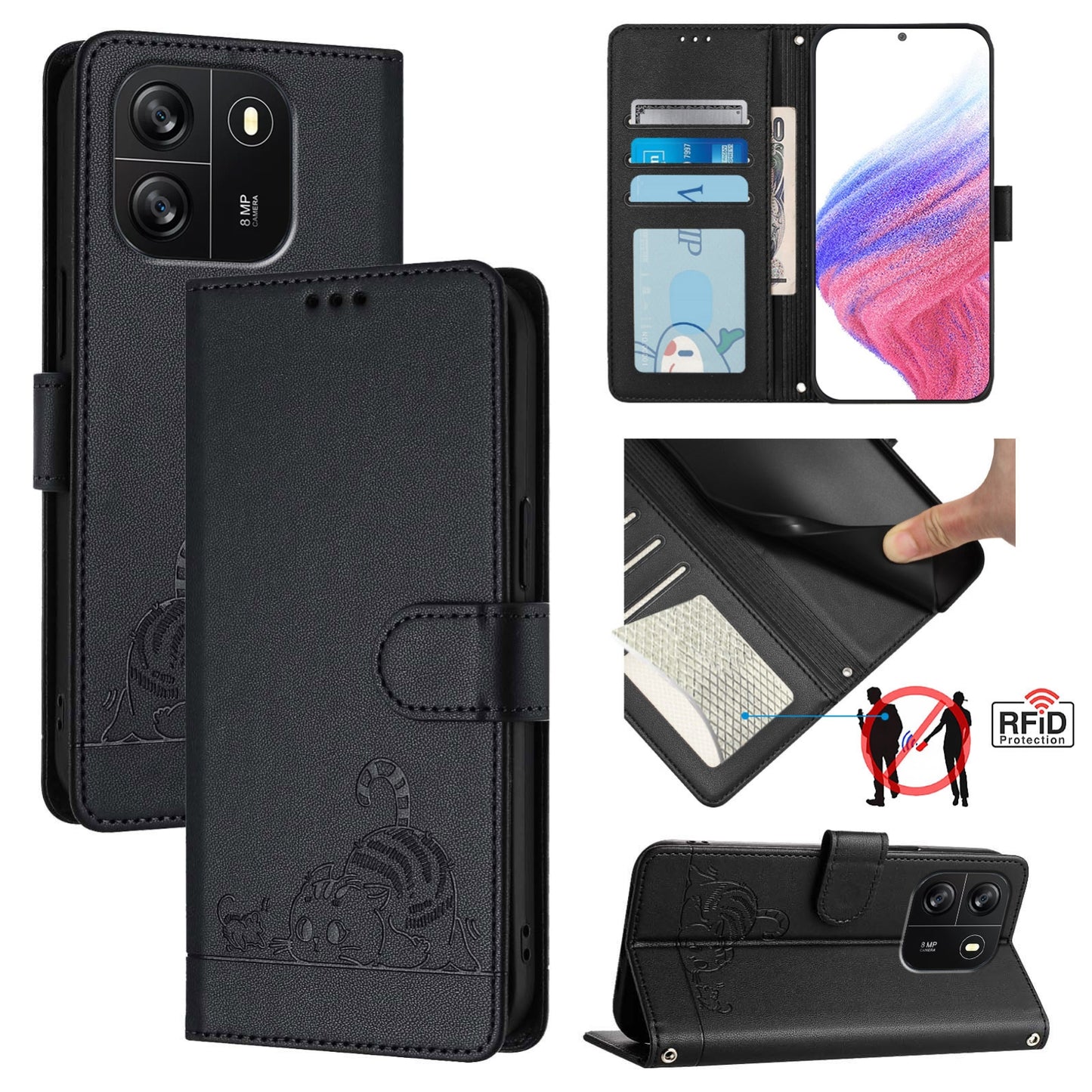 Blackview Wave 6C Leather Phone Case with Cat and Rat Embossed Pattern, RFID Protection, Card Holder Slots, Anti-fall Feature & Lanyard
