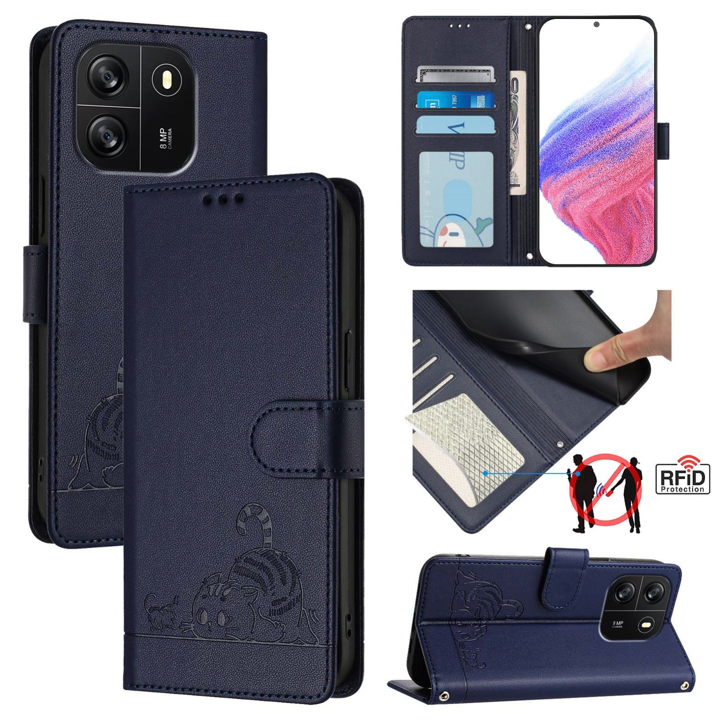 Blackview Wave 6C Leather Phone Case with Cat and Rat Embossed Pattern, RFID Protection, Card Holder Slots, Anti-fall Feature & Lanyard