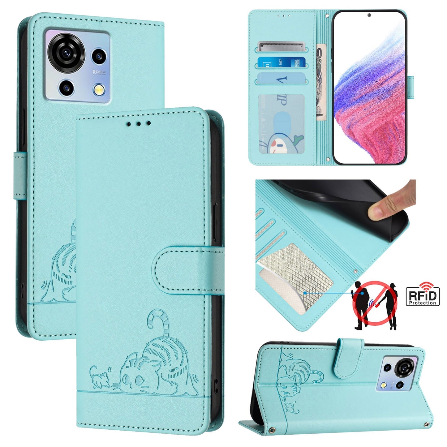 ZTE Blade V50 Vita Leather Phone Case with Cat and Rat Embossed Pattern, RFID Protection, Card Holder Slots, Anti-fall Feature & Lanyard