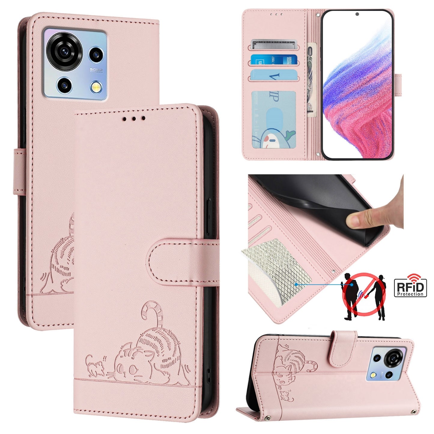 ZTE Blade V50 Vita Leather Phone Case with Cat and Rat Embossed Pattern, RFID Protection, Card Holder Slots, Anti-fall Feature & Lanyard
