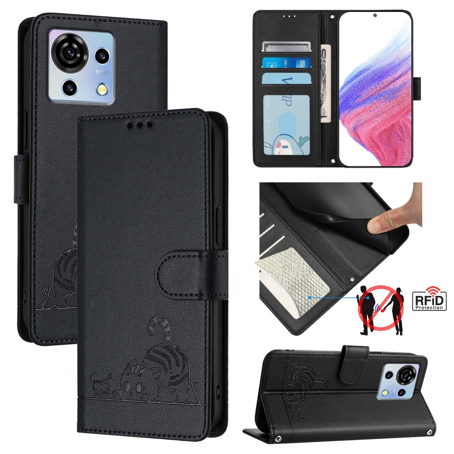 ZTE Blade V50 Vita Leather Phone Case with Cat and Rat Embossed Pattern, RFID Protection, Card Holder Slots, Anti-fall Feature & Lanyard