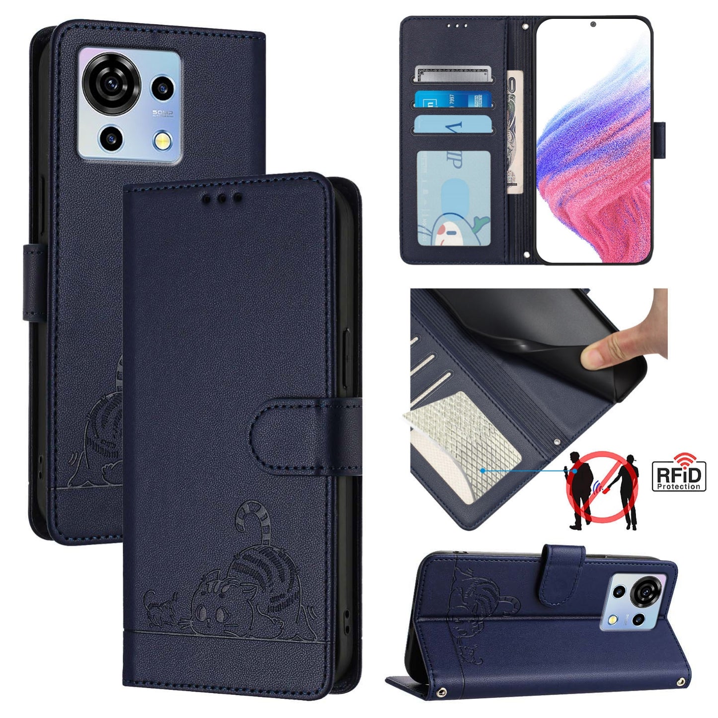 ZTE Blade V50 Vita Leather Phone Case with Cat and Rat Embossed Pattern, RFID Protection, Card Holder Slots, Anti-fall Feature & Lanyard