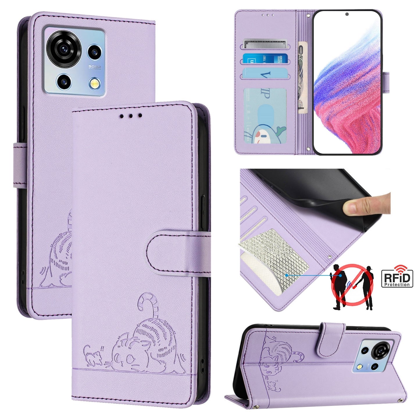 ZTE Blade V50 Vita Leather Phone Case with Cat and Rat Embossed Pattern, RFID Protection, Card Holder Slots, Anti-fall Feature & Lanyard