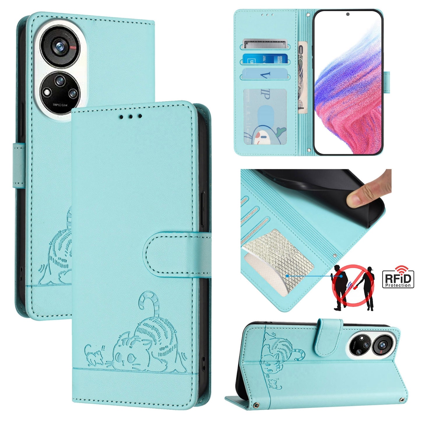 ZTE Blade V40s Leather Phone Case with Cat and Rat Embossed Pattern, RFID Protection, Card Holder Slots, Anti-fall Feature & Lanyard