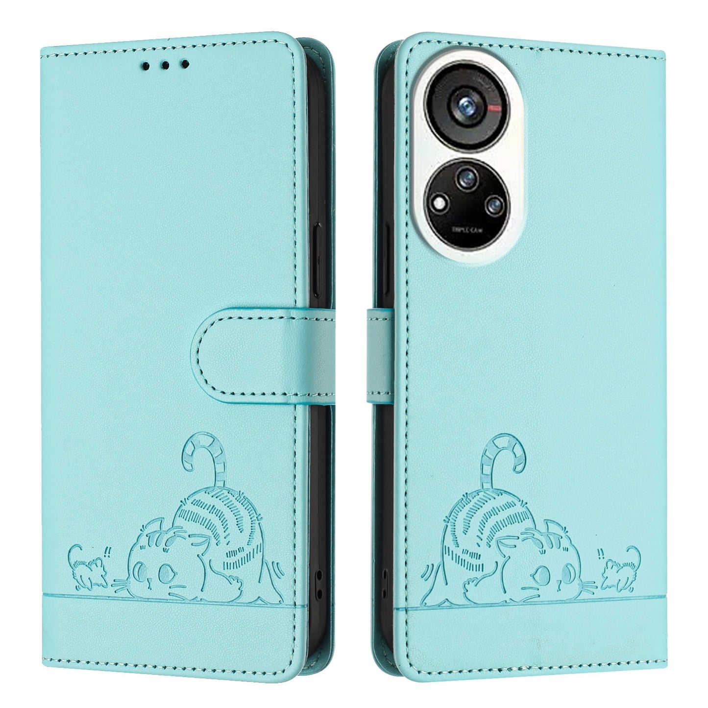 ZTE Blade V40s Leather Phone Case with Cat and Rat Embossed Pattern, RFID Protection, Card Holder Slots, Anti-fall Feature & Lanyard