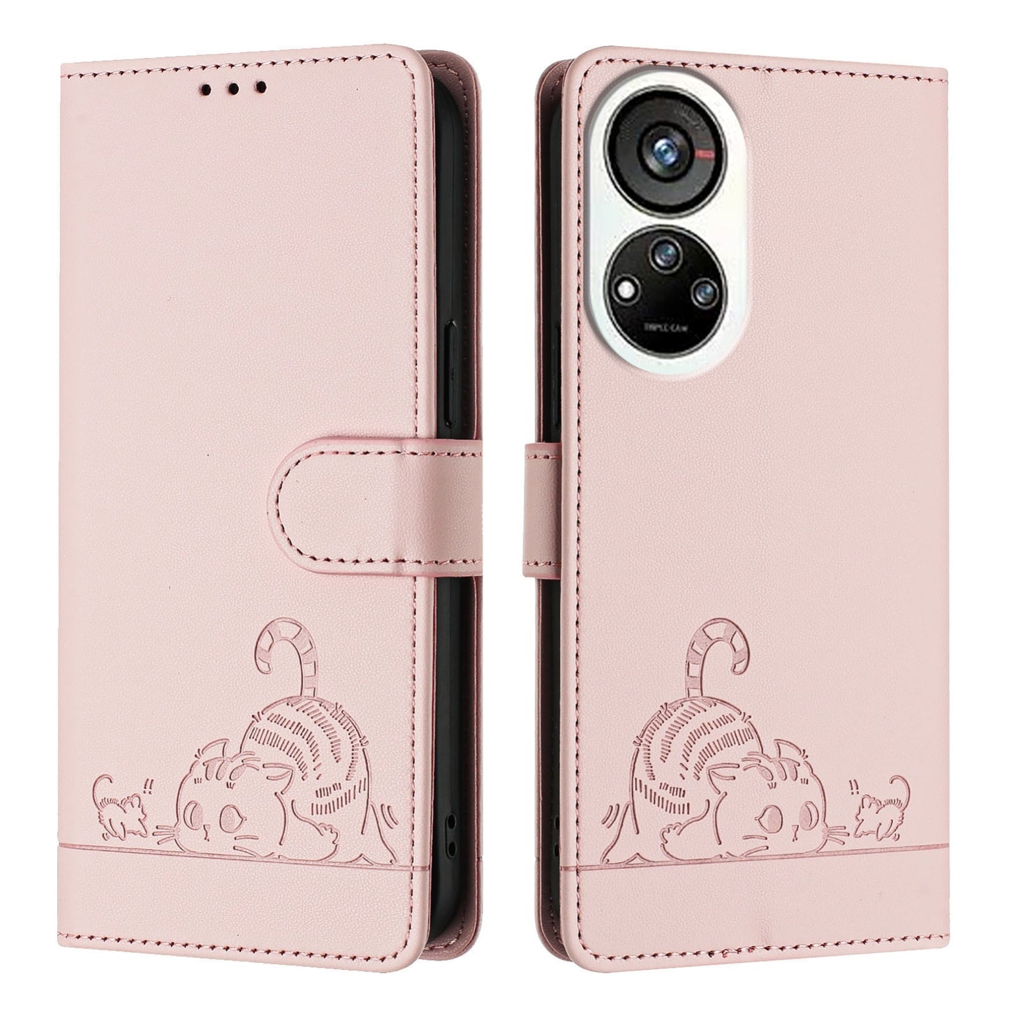 ZTE Blade V40s Leather Phone Case with Cat and Rat Embossed Pattern, RFID Protection, Card Holder Slots, Anti-fall Feature & Lanyard