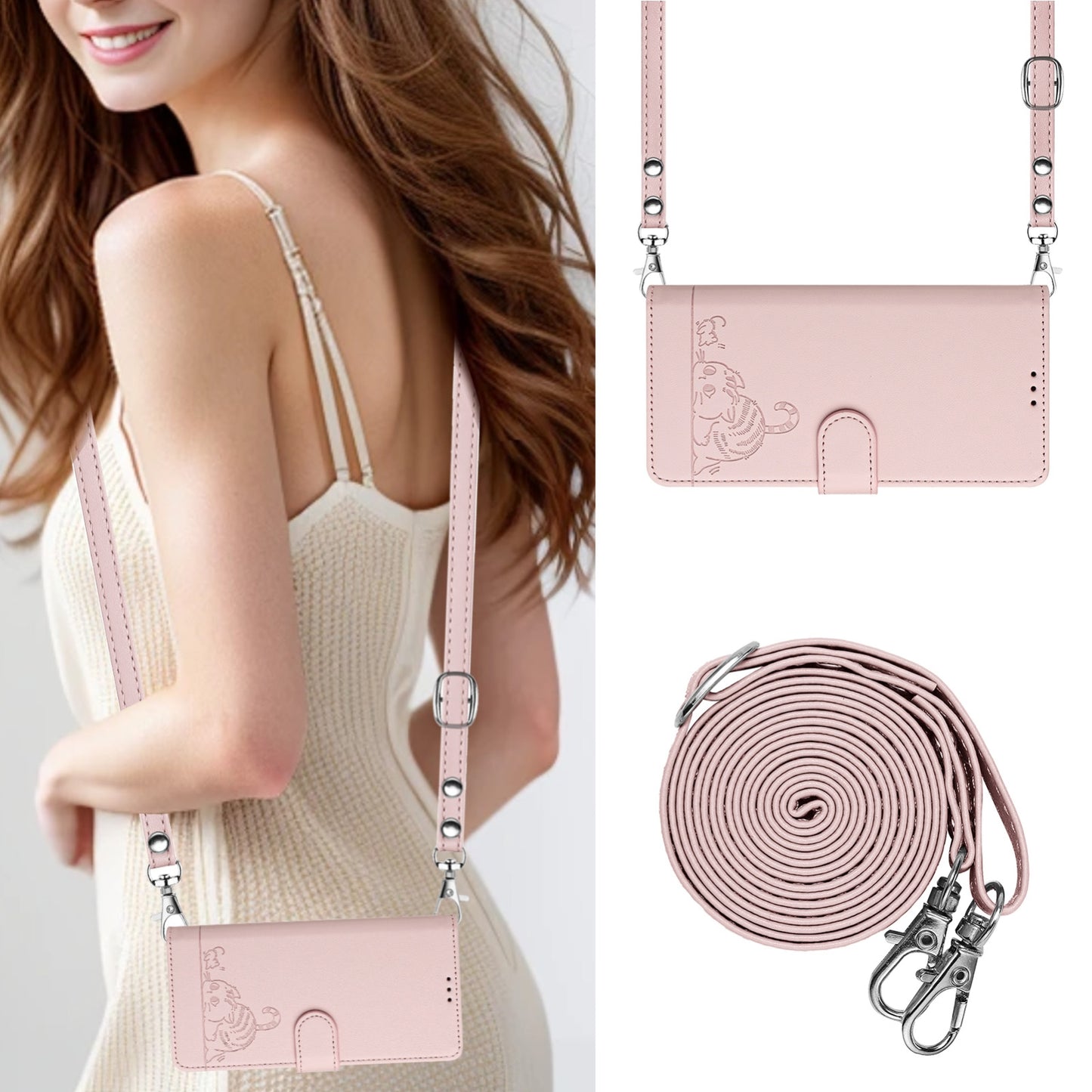 ZTE Blade V40s Leather Phone Case with Cat and Rat Embossed Pattern, RFID Protection, Card Holder Slots, Anti-fall Feature & Lanyard