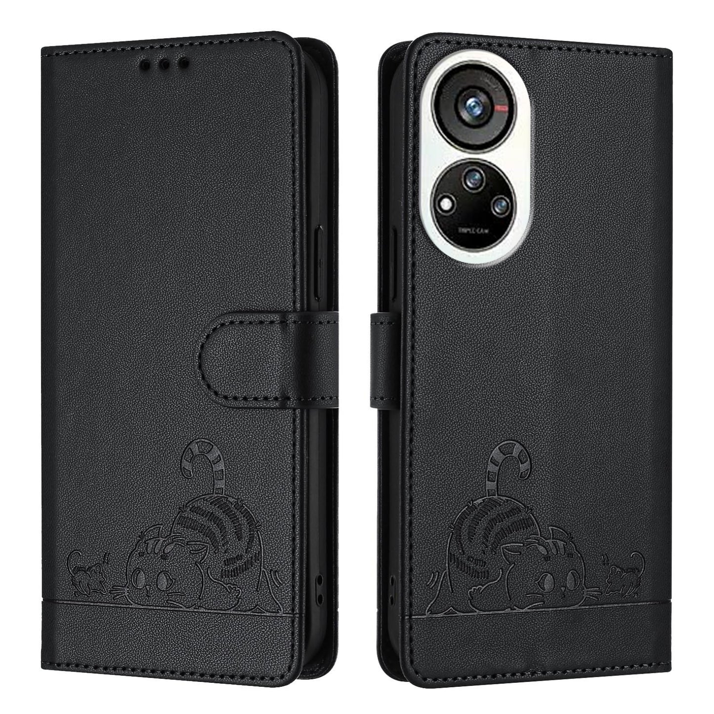 ZTE Blade V40s Leather Phone Case with Cat and Rat Embossed Pattern, RFID Protection, Card Holder Slots, Anti-fall Feature & Lanyard