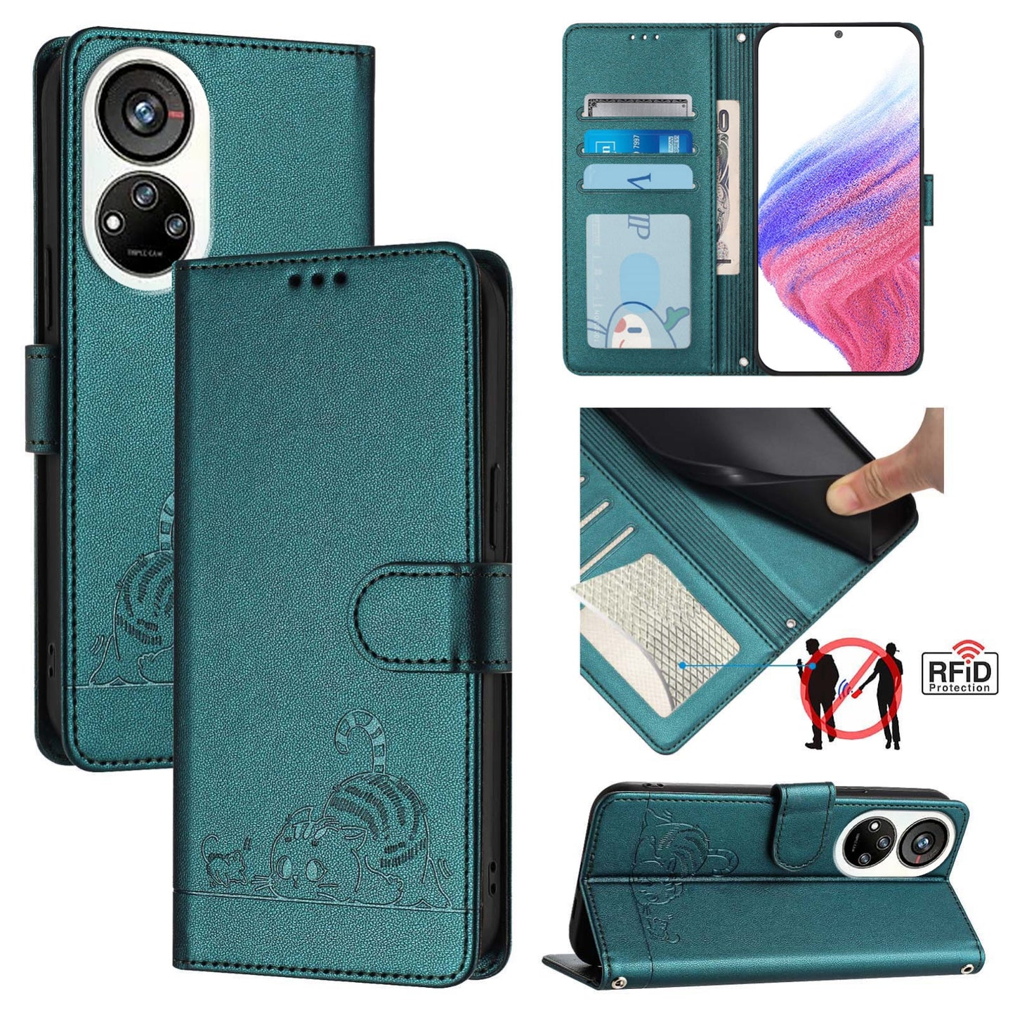 ZTE Blade V40s Leather Phone Case with Cat and Rat Embossed Pattern, RFID Protection, Card Holder Slots, Anti-fall Feature & Lanyard