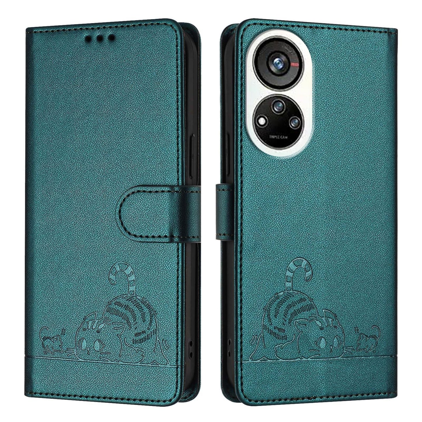 ZTE Blade V40s Leather Phone Case with Cat and Rat Embossed Pattern, RFID Protection, Card Holder Slots, Anti-fall Feature & Lanyard