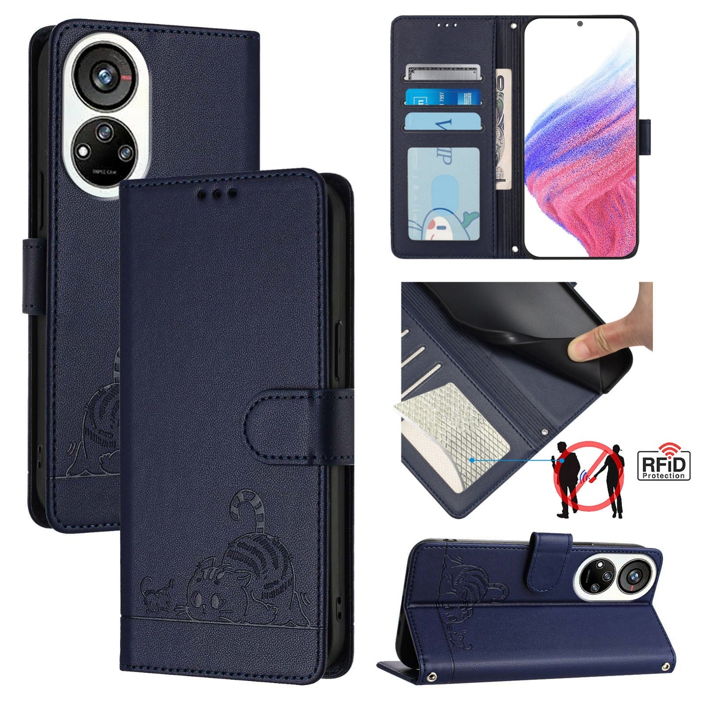 ZTE Blade V40s Leather Phone Case with Cat and Rat Embossed Pattern, RFID Protection, Card Holder Slots, Anti-fall Feature & Lanyard
