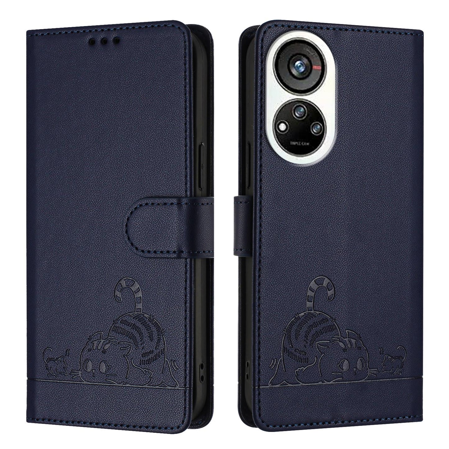 ZTE Blade V40s Leather Phone Case with Cat and Rat Embossed Pattern, RFID Protection, Card Holder Slots, Anti-fall Feature & Lanyard